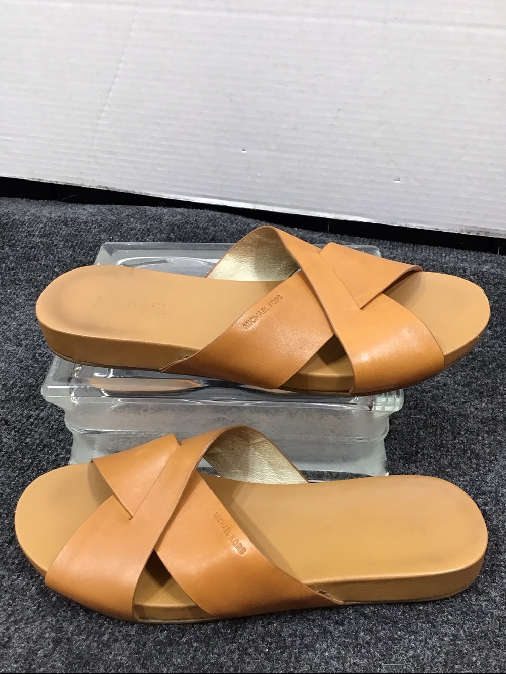 Michael Michael  Kors Cognac Somerly Leather Crossband Slide Sandals 7.5 - Picture 5 of 9